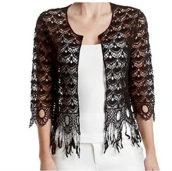 NWOT Sz XS Black Open Crochet Knit Open Style Cardigan Fringe 3/4 Sleeve BOHO - Picture 2 of 15